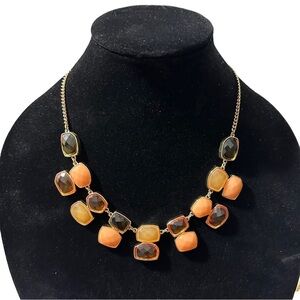 Baskin Brothers Gold Tone Chain & Brown & Orange Rhinestones 2-Tiered Necklace